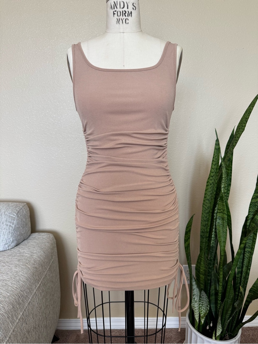 Sleeveless Beige Ruched Bodycon Dress Size Medium